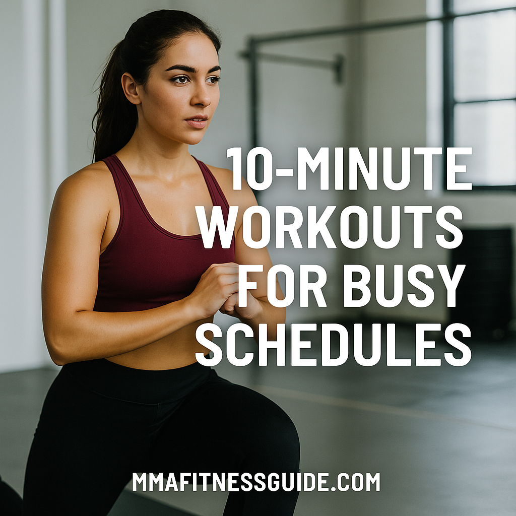 Fit young woman performing a lunge exercise in a bright gym with bold white title text promoting 10-minute workouts for busy schedules.