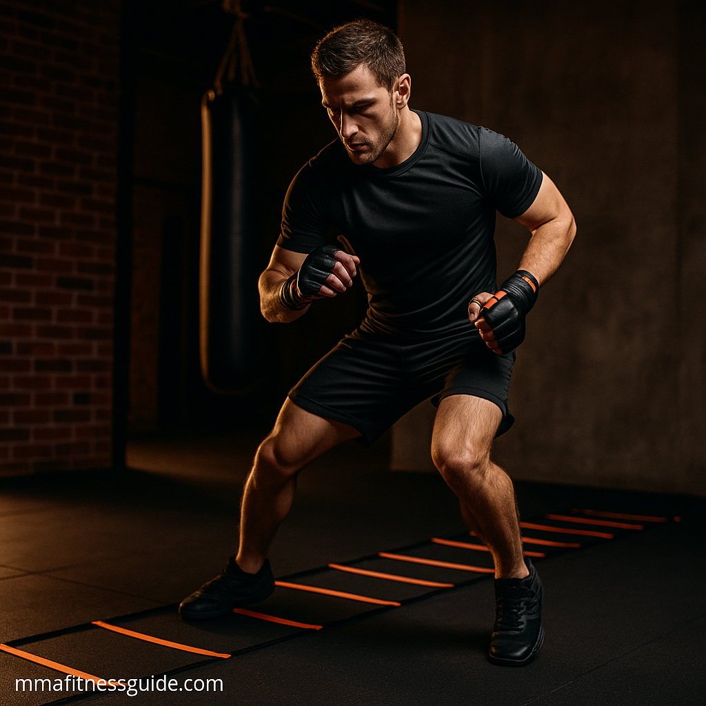 Male MMA athlete performing agility ladder footwork drills on a gym mat under warm lighting.