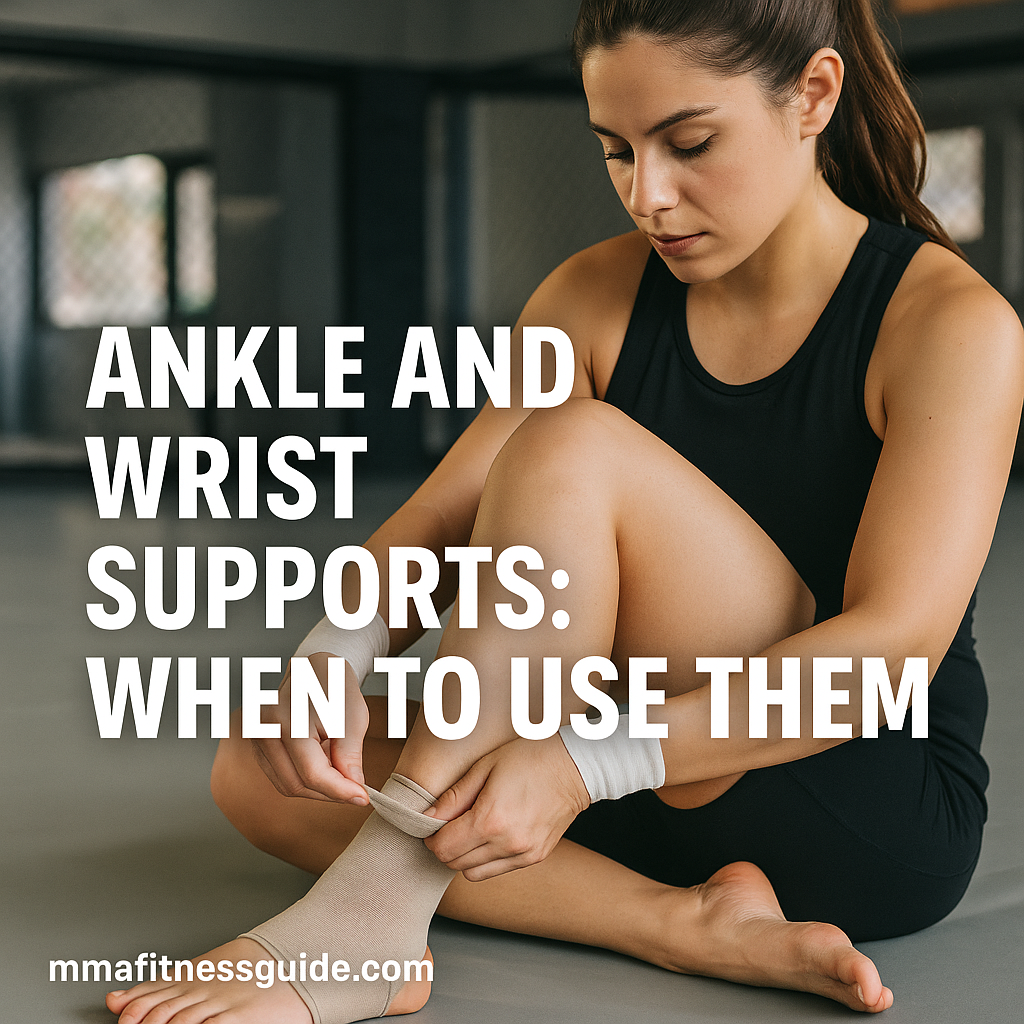 Fit female MMA athlete sitting on the mats adjusting an ankle support, with the title “Ankle and Wrist Supports: When to Use Them” displayed.