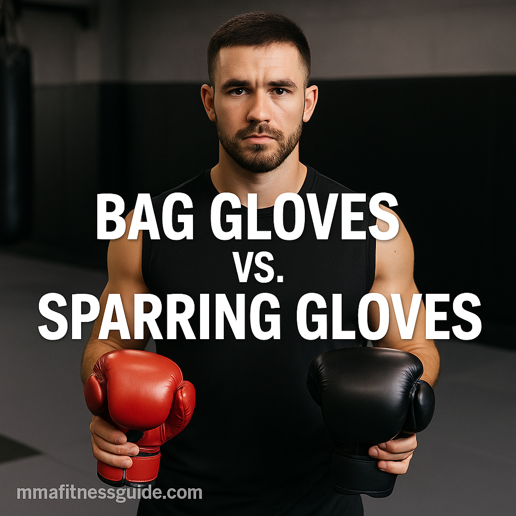 Male MMA athlete comparing bag gloves and sparring gloves with the title “Bag Gloves vs. Sparring Gloves” displayed.