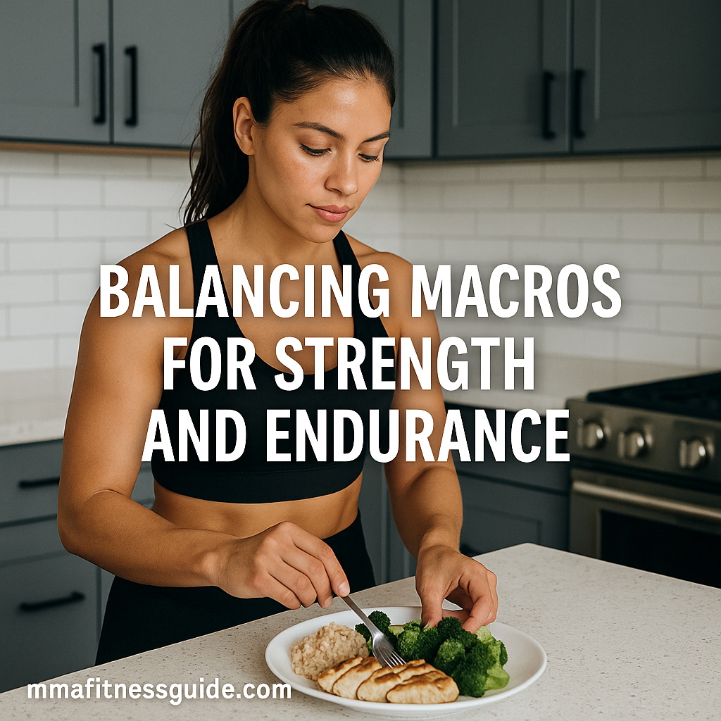 Fit female MMA athlete preparing a balanced meal with protein, carbs, and vegetables, with the title “Balancing Macros for Strength and Endurance” displayed.