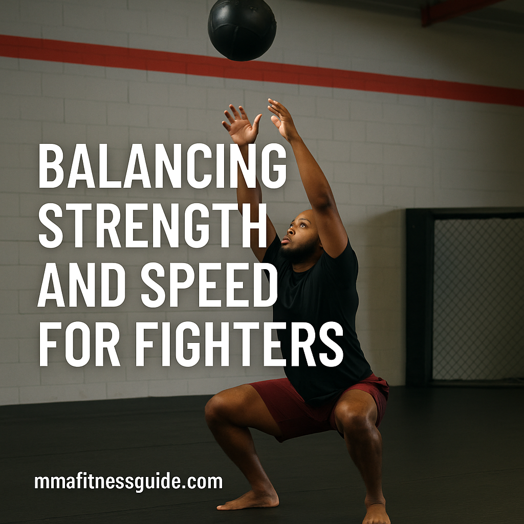 Male MMA athlete performing an explosive medicine-ball drill with the title “Balancing Strength and Speed for Fighters” displayed.