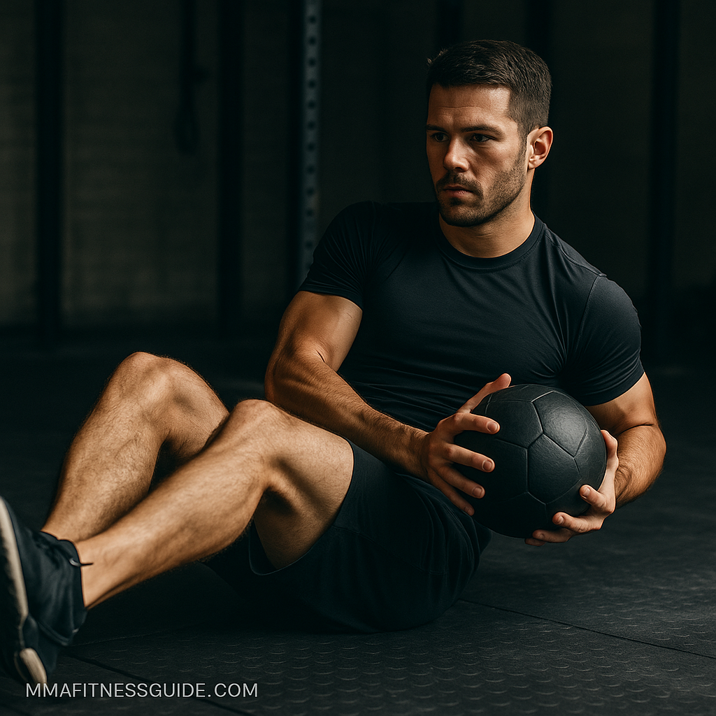Male MMA athlete performing a Russian twist with a medicine ball in a gym under warm lighting.