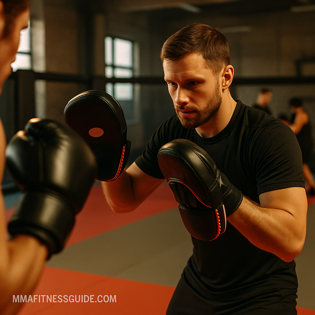Male MMA coach instructing a student while holding focus pads in a gym under warm lighting.