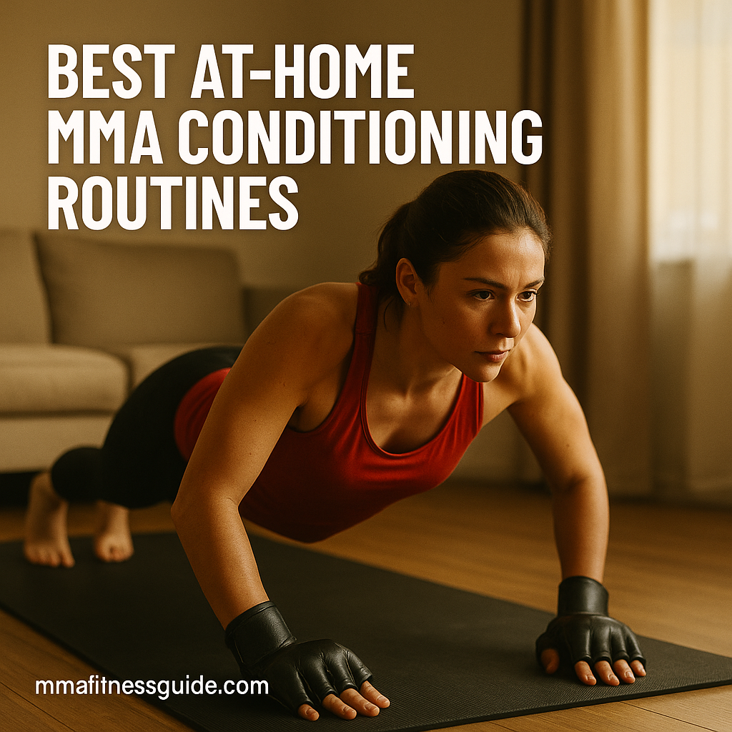 Female MMA athlete training at home performing push-ups on a mat with focused expression and warm lighting.