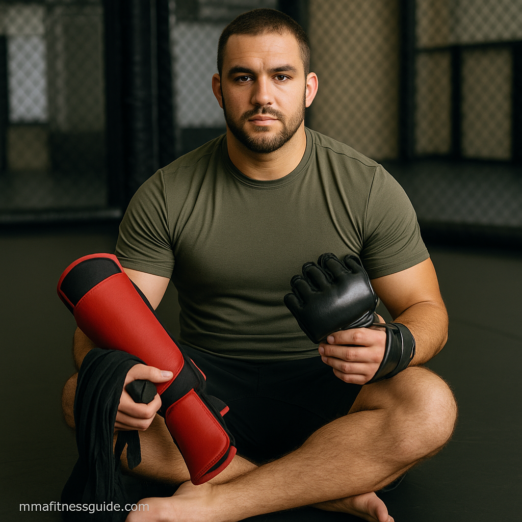 Male MMA athlete sitting in a gym holding budget-friendly gloves and shin guards.