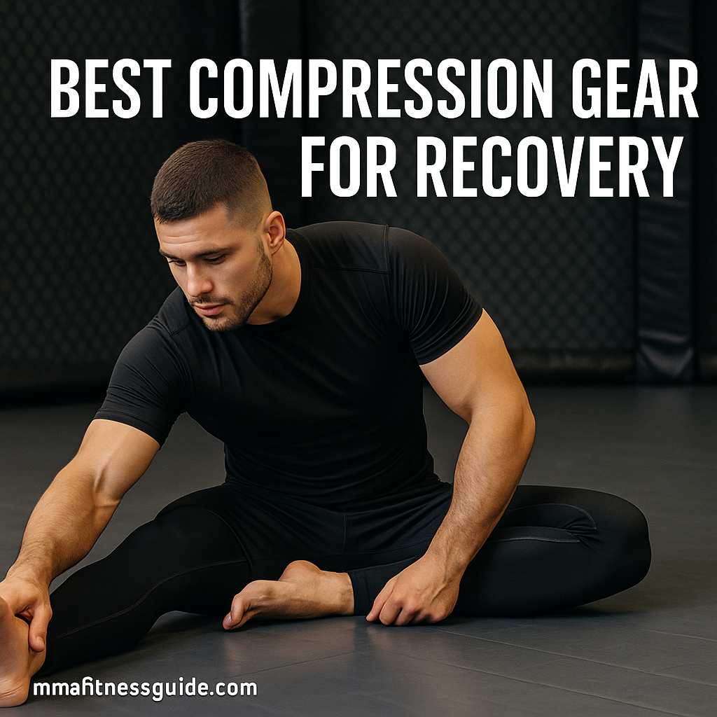 A muscular male MMA athlete stretching on gym mats while wearing black compression gear, with the title “Best Compression Gear for Recovery” clearly displayed above him.