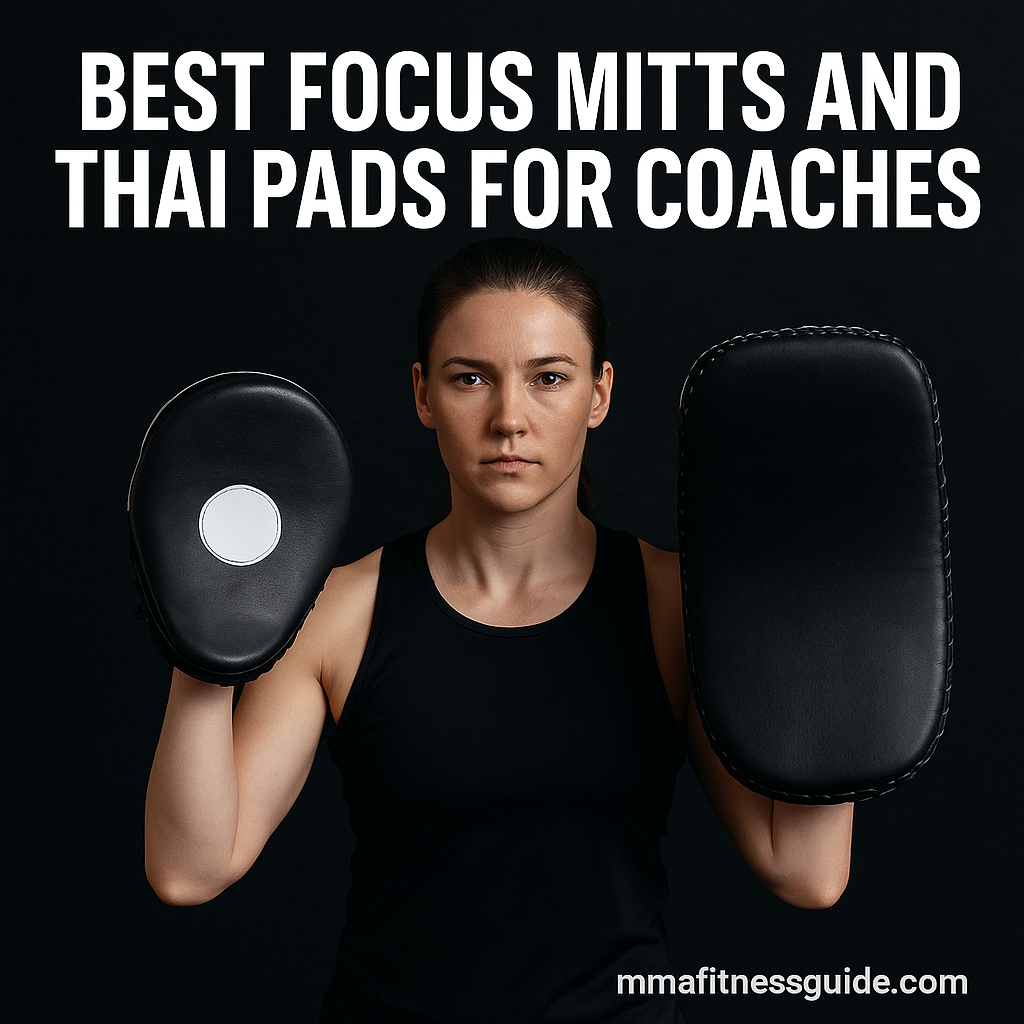 Female MMA coach holding a focus mitt and Thai pad against a dark background with title text reading Best Focus Mitts and Thai Pads for Coaches.