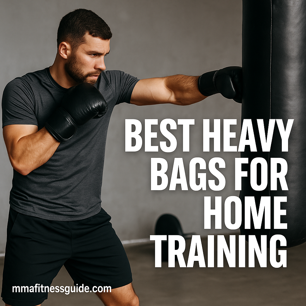 Male MMA athlete throwing a punch at a heavy bag during home training, with the title “Best Heavy Bags for Home Training” displayed.