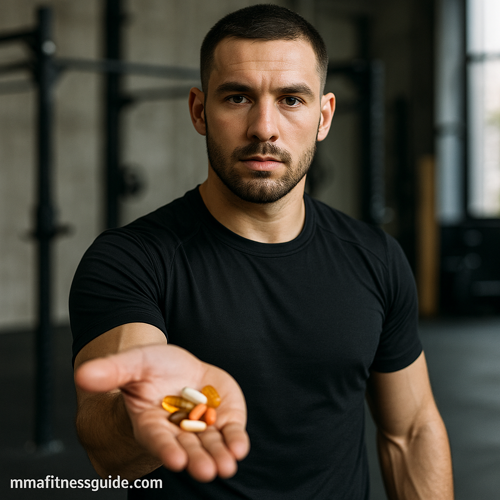 Male combat athlete holding essential vitamins in a gym to support training and recovery.