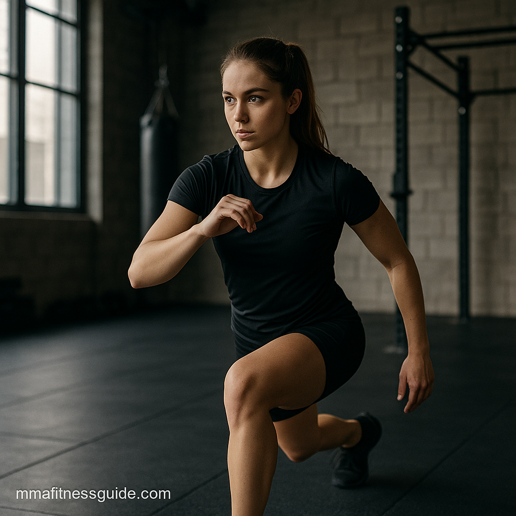 Female martial artist doing dynamic stretches and light shadowboxing in a gym with warm lighting.