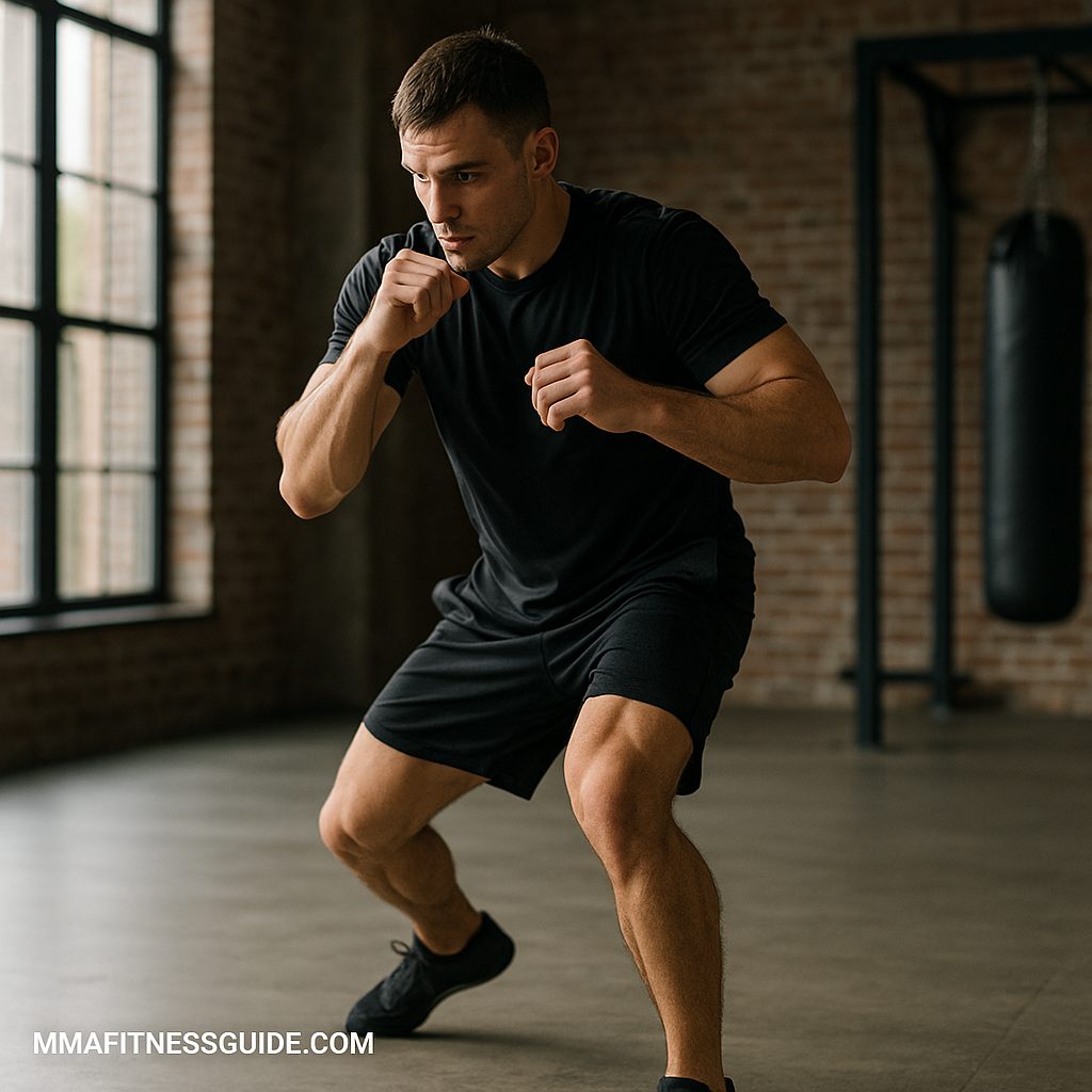 Male athlete training in a gym and practicing movement and agility drills with focus.