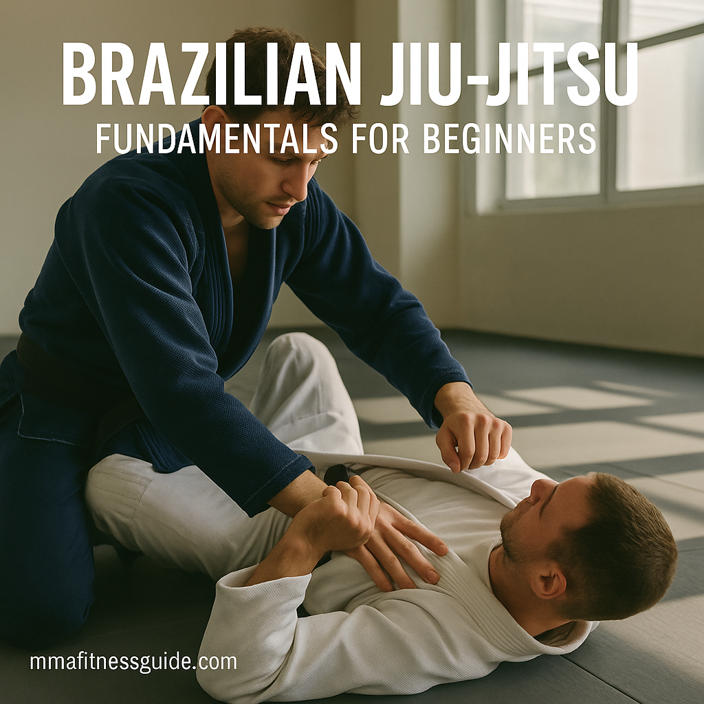 Two beginners practicing Brazilian Jiu-Jitsu in a sunlit dojo, one in a blue gi and one in a white gi.