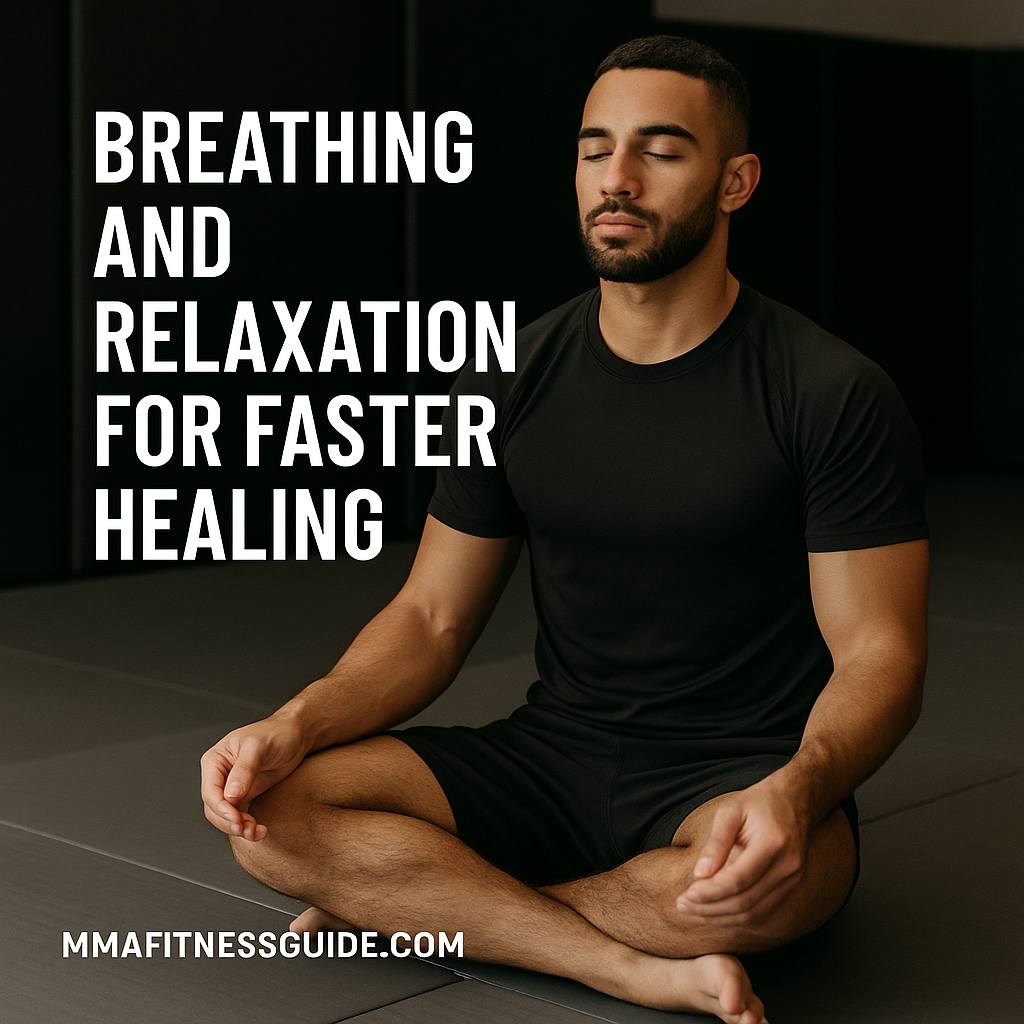 Fit male MMA athlete sitting cross-legged on the mats with eyes closed, practicing deep breathing and relaxation, with the title “Breathing and Relaxation for Faster Healing” displayed.