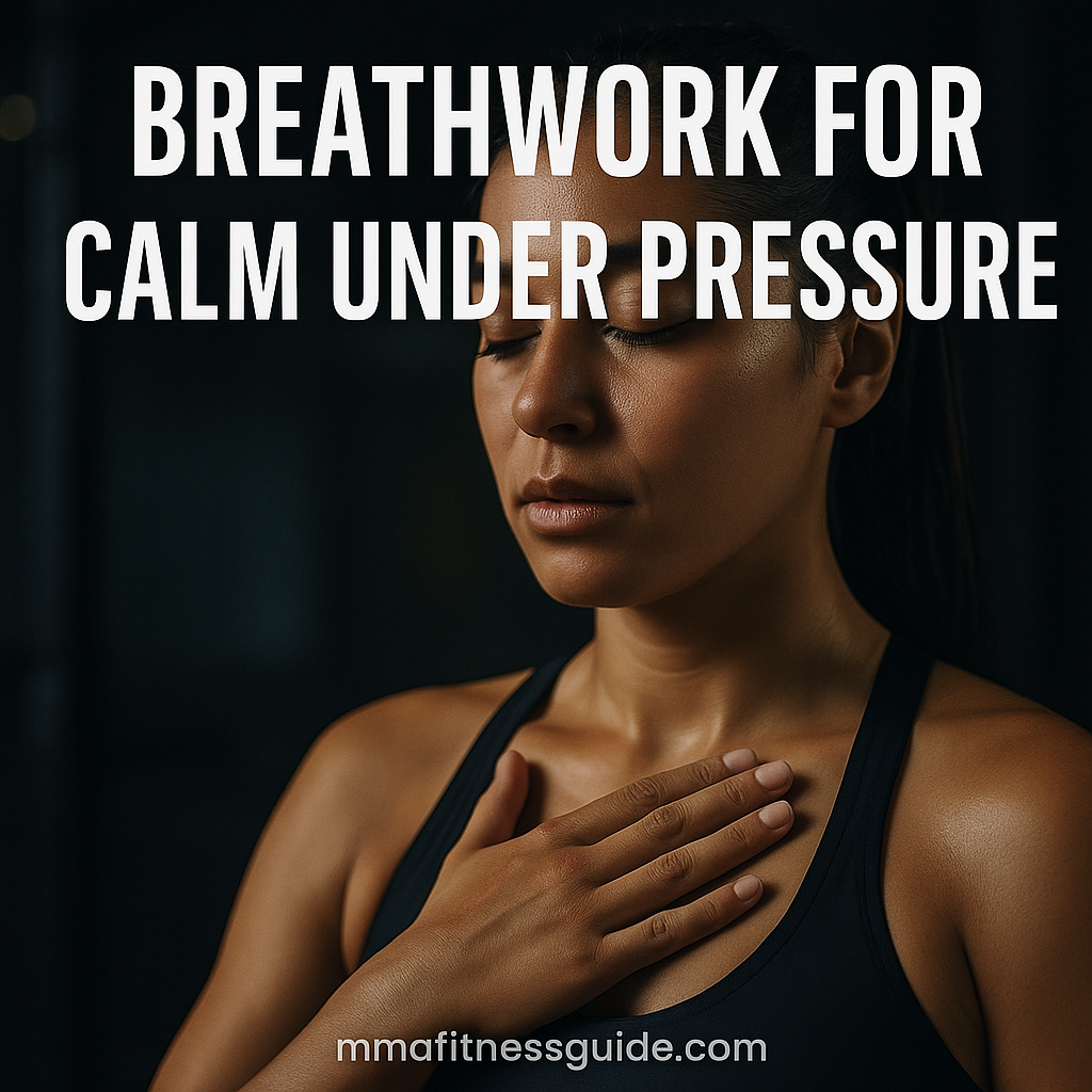 Female MMA athlete practicing calm, controlled breathwork with her hand on her chest, shown with white title text about breathwork for calm under pressure.