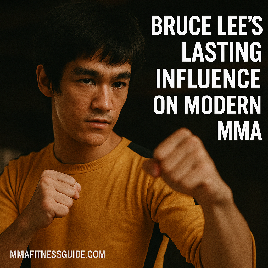 Younger Bruce Lee in a martial arts stance, focused and determined, symbolizing his influence on modern MMA.