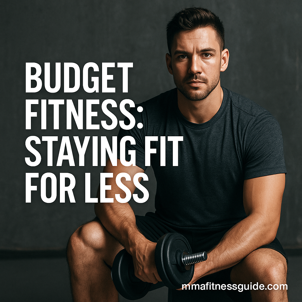 Male athlete sitting in a gym holding a dumbbell, featured with bold white text reading Budget Fitness: Staying Fit for Less.