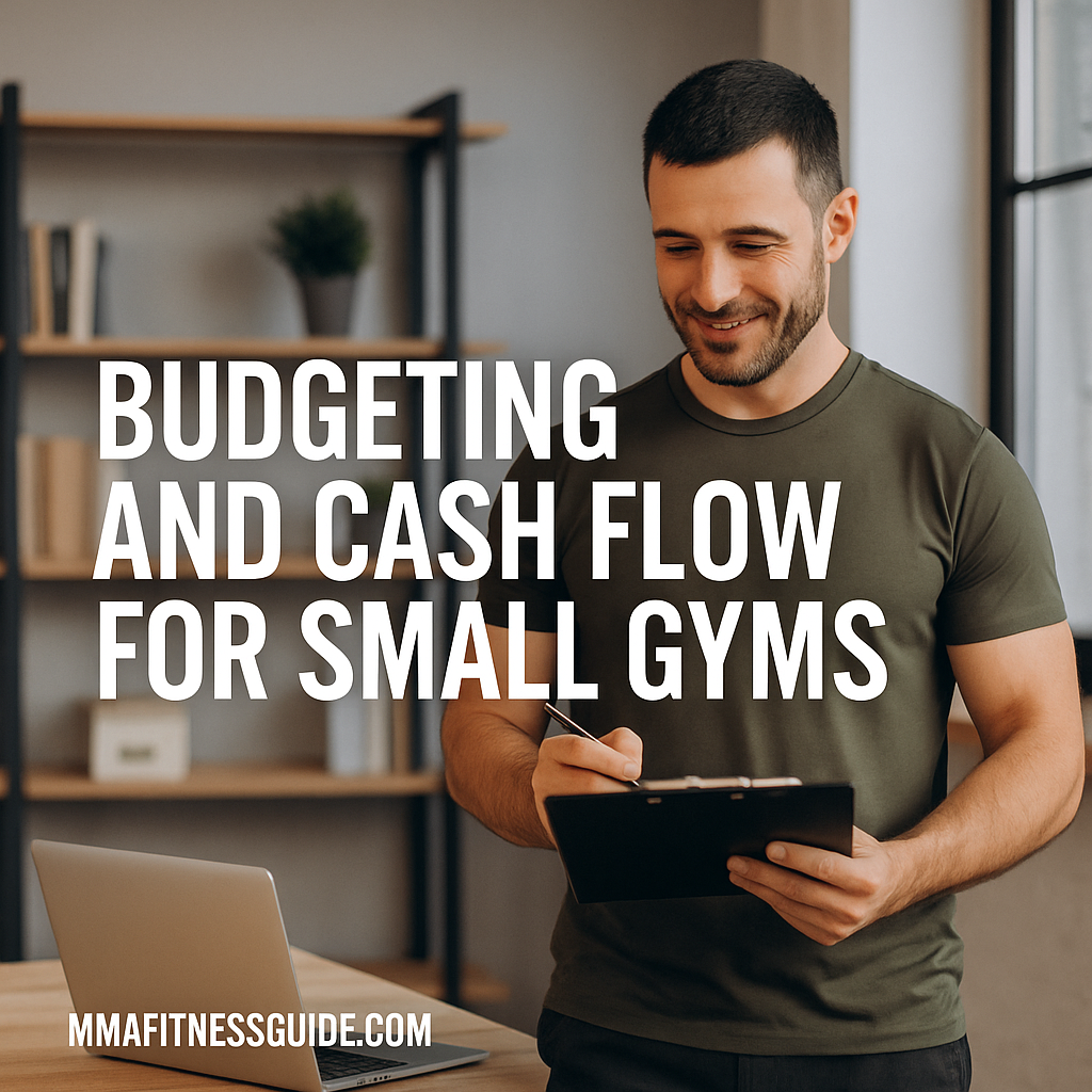 A fit male gym owner standing in his office writing on a clipboard while working on budgeting tasks, with the title “Budgeting and Cash Flow for Small Gyms” displayed.