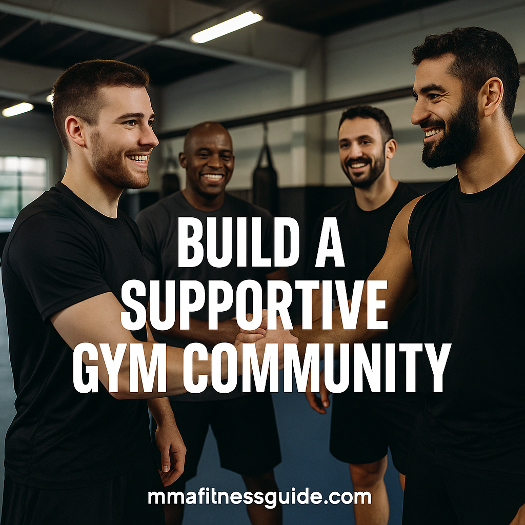 Group of male MMA athletes smiling and shaking hands inside a gym with bold white text reading Build a Supportive Gym Community.