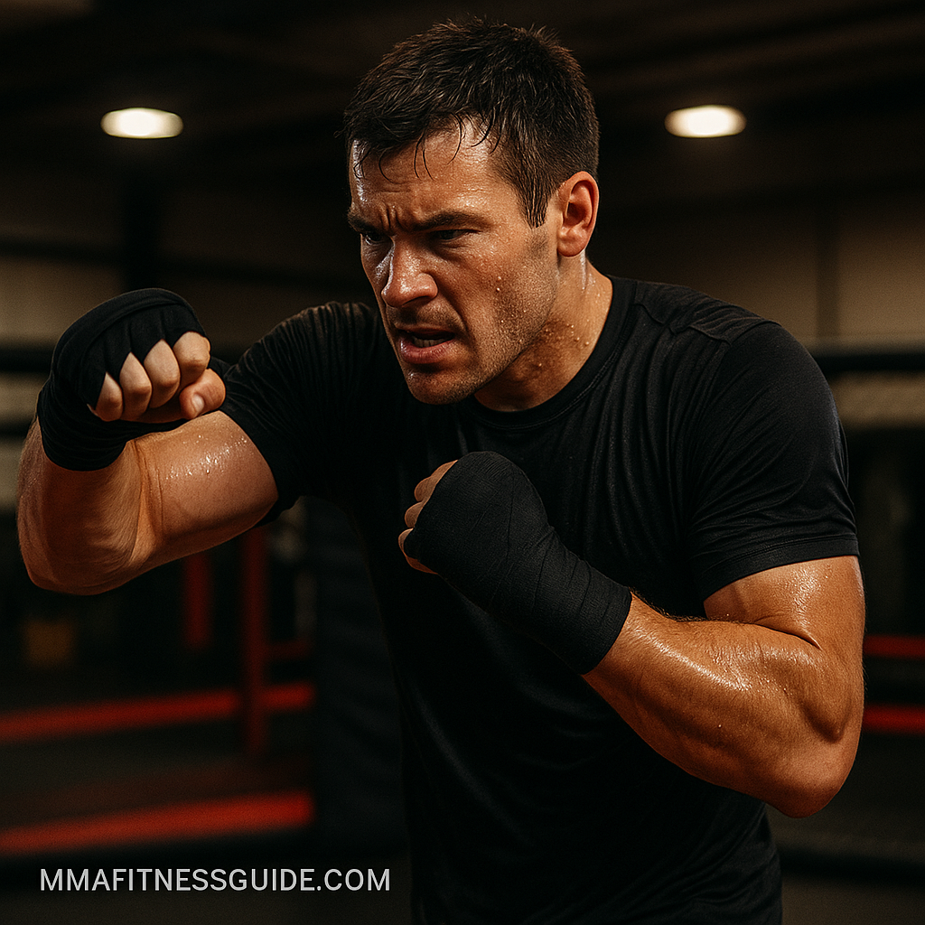 MMA fighter drenched in sweat training for endurance inside a gym, showing focus and determination.
