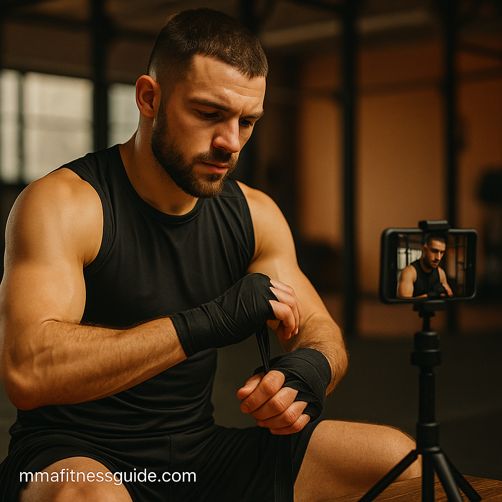 Male MMA fighter wrapping hands in gym while recording training footage, representing personal branding and professionalism.