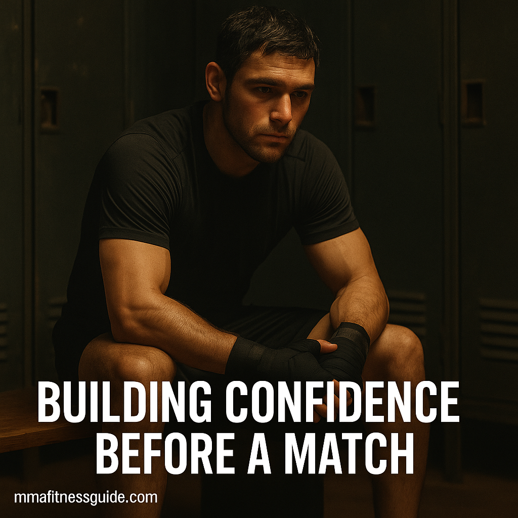 Male MMA fighter sitting in a locker room, mentally preparing before a match under warm lighting.