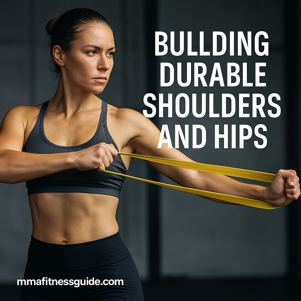 Female athlete performing resistance band shoulder exercise to build durable shoulders and hips.