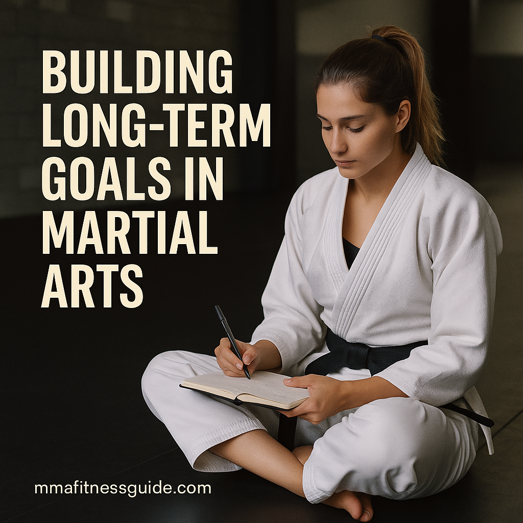 Female martial artist sitting on a gym mat after training, journaling her goals under calm lighting.
