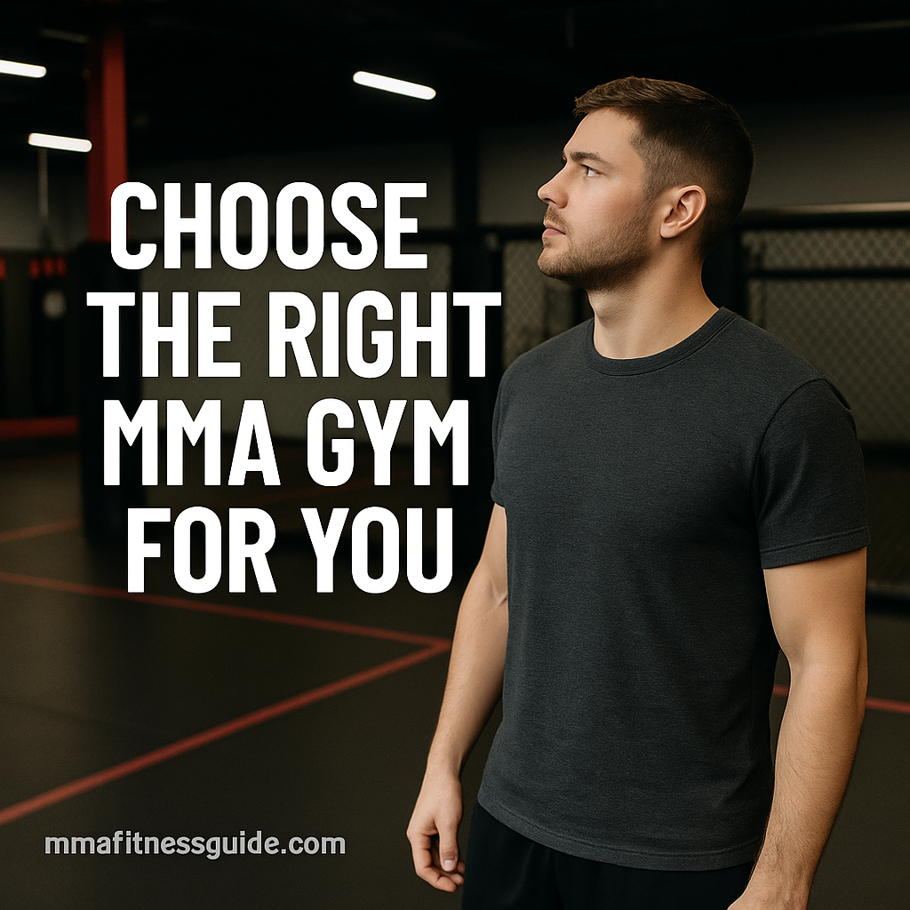 Male athlete standing inside an MMA gym looking around as if evaluating the environment, with the title “Choose the Right MMA Gym for You” displayed.