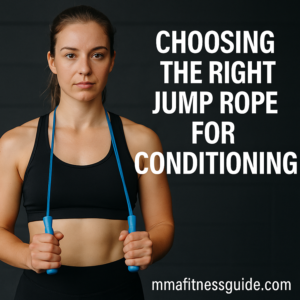 Female athlete holding a blue jump rope in a gym setting with white title text about choosing the right jump rope for conditioning.