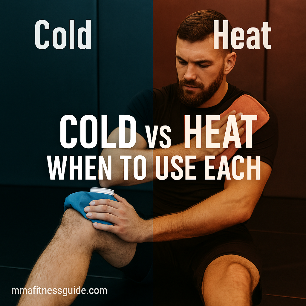 Male MMA athlete using both cold and heat therapy to recover from training, with the title “Cold vs Heat Therapy: When to Use Each” displayed.