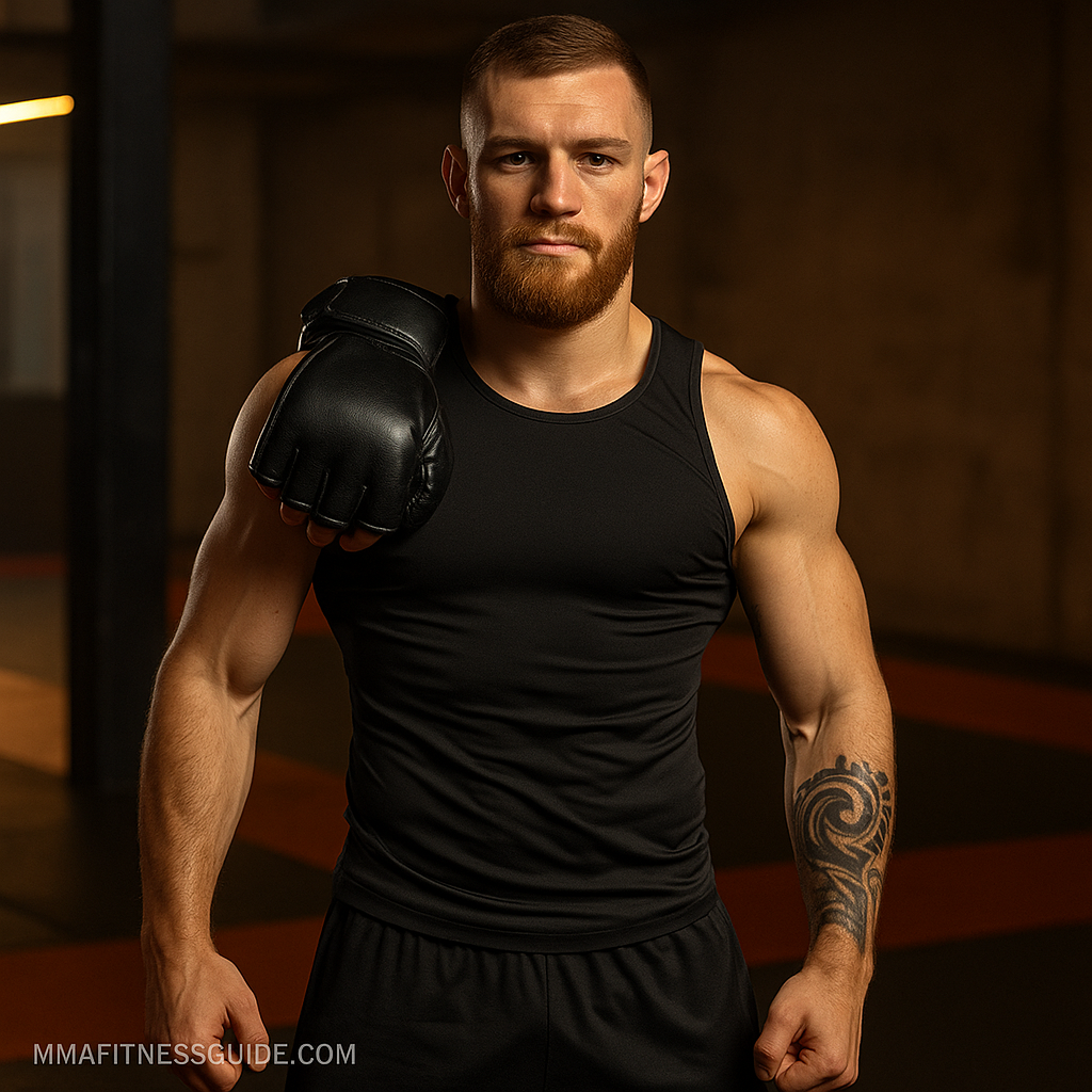 Male MMA athlete standing confidently in a gym holding gloves with a focused expression under warm lighting.