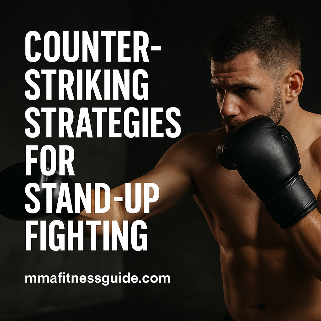 Male MMA fighter in boxing gloves slipping and countering during stand-up training, with bold white title text about counter-striking strategies.