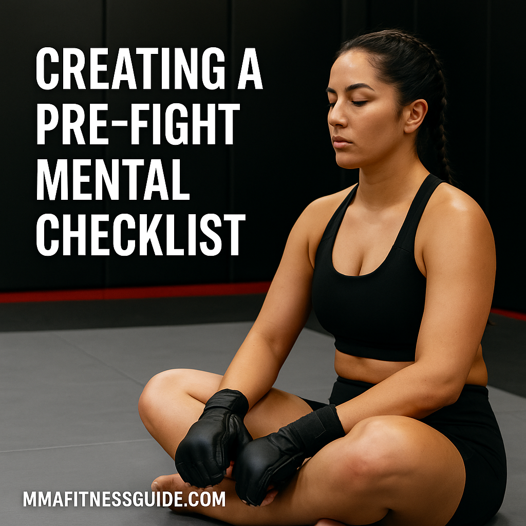 Female MMA fighter sitting calmly on the mats with eyes closed, preparing mentally before a fight, with the title “Creating a Pre-Fight Mental Checklist” displayed.