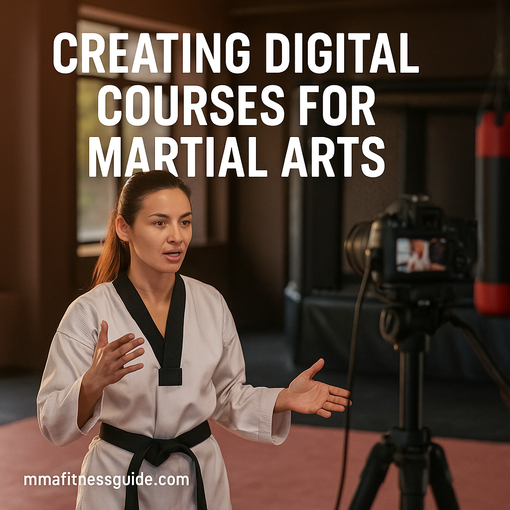 Female martial arts instructor teaching on camera while filming a digital course in a gym with natural lighting.