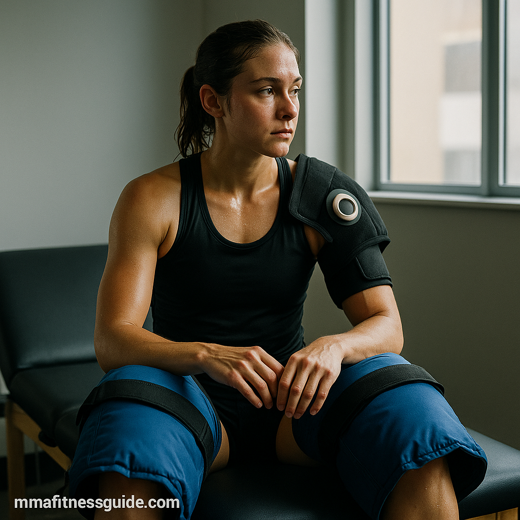 Female athlete recovering after MMA training using cold therapy gear beside an ice bath in a gym.