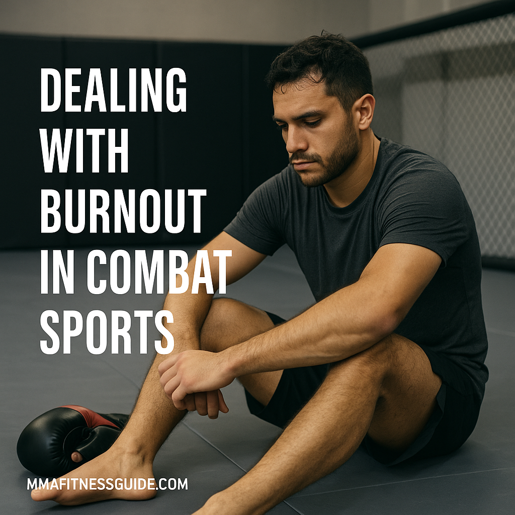 Male MMA athlete sitting on gym mats looking tired and reflective, with the title “Dealing with Burnout in Combat Sports” displayed.