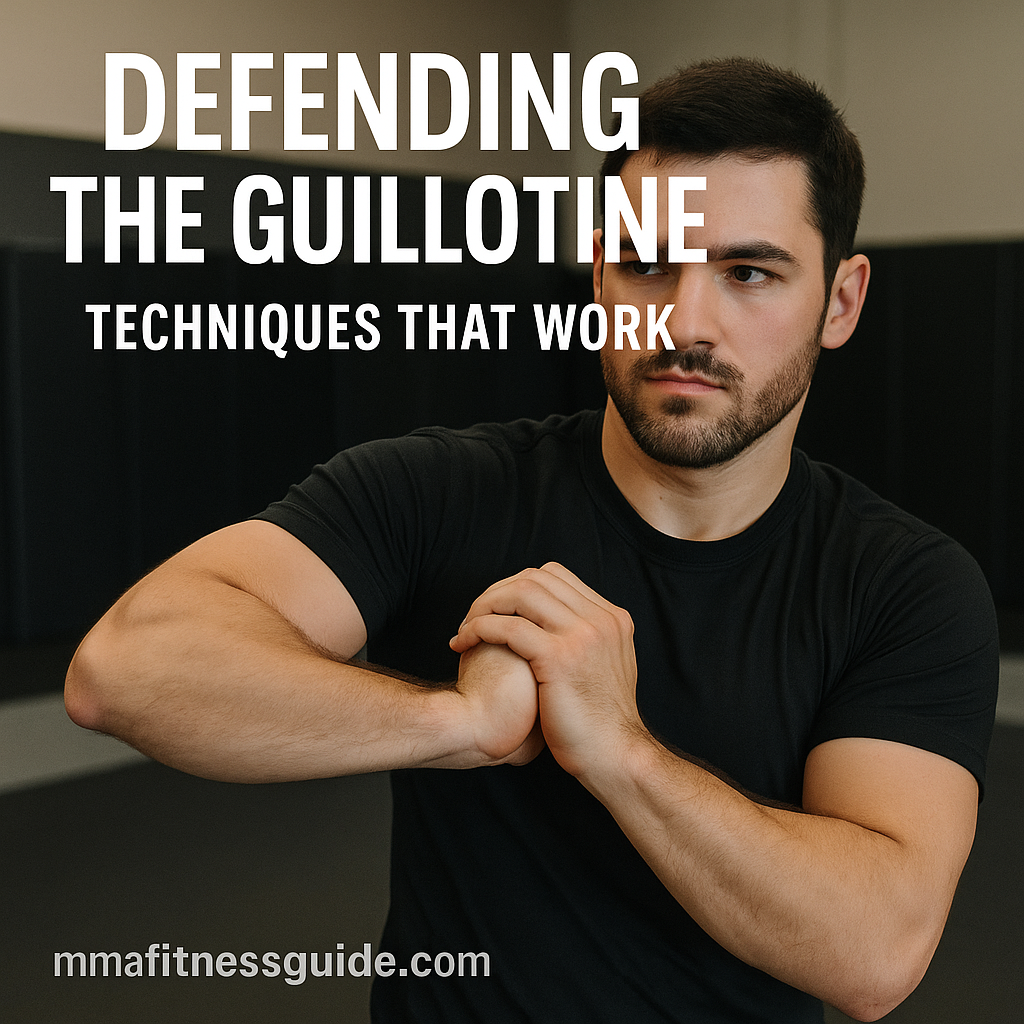 Male MMA athlete demonstrating proper guillotine defense hand positioning with the title “Defending the Guillotine: Techniques That Work” displayed.