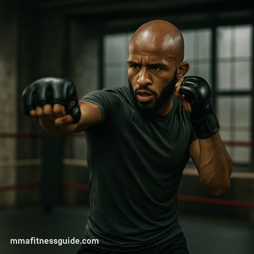 Male MMA athlete resembling Demetrious Johnson shadowboxing with focus and precision in a gym.