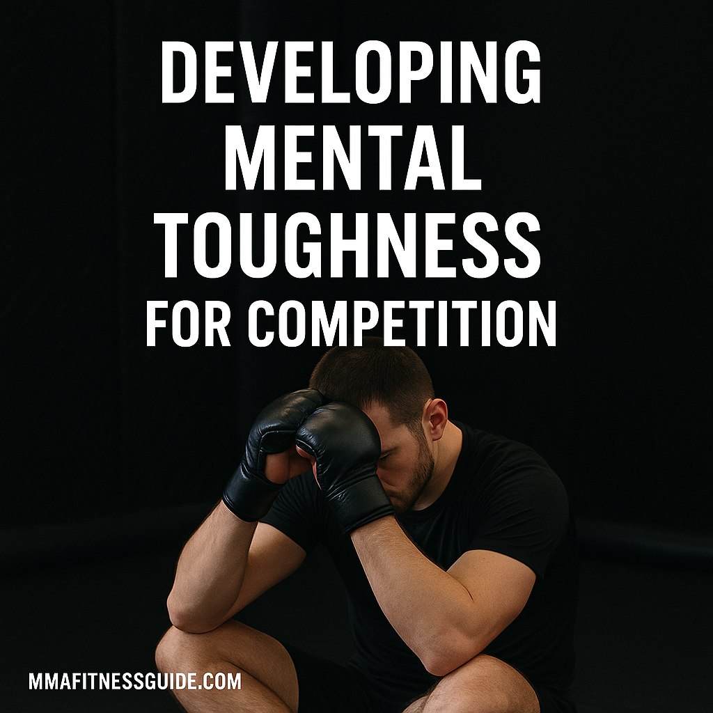 Focused MMA fighter sitting in deep thought before competition, symbolizing mental toughness and determination.