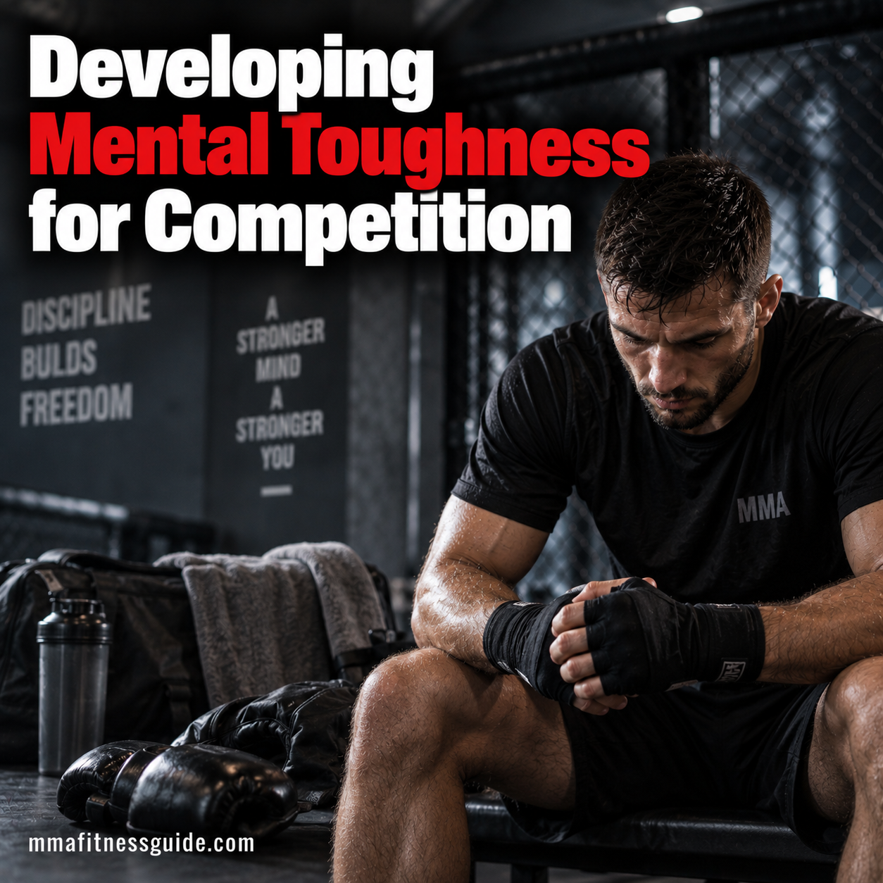 MMA fighter sitting in a gym with wrapped hands clasped, focusing mentally before competition.