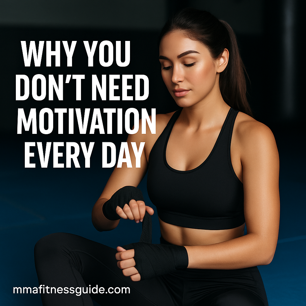 Attractive female MMA athlete calmly wrapping her hands in the gym with the title “Why You Don’t Need Motivation Every Day” displayed.