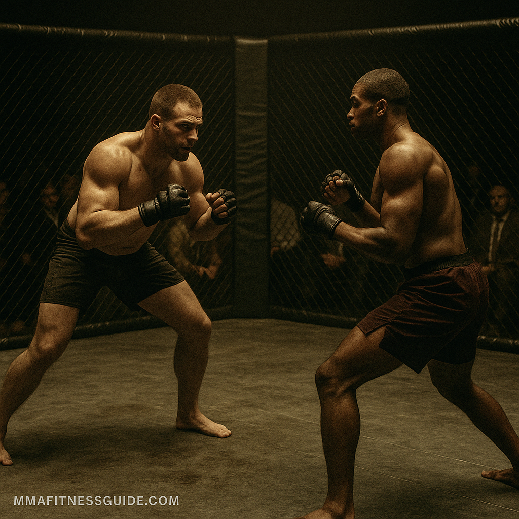 Two male MMA fighters in an old-school octagon during an early UFC-style match with vintage lighting.