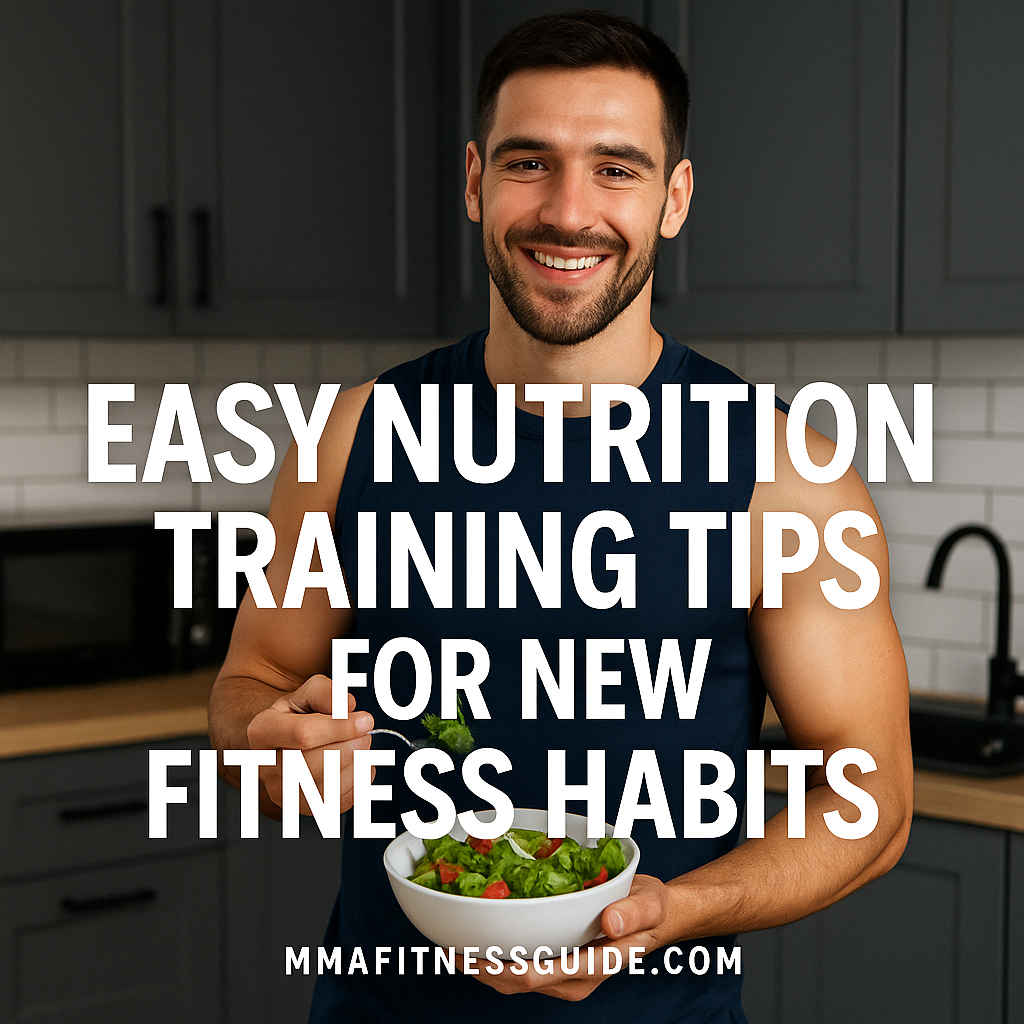 A fit male athlete standing in a kitchen while holding a bowl of salad, with the title “Easy Nutrition Training Tips for New Fitness Habits” shown in all-white text.