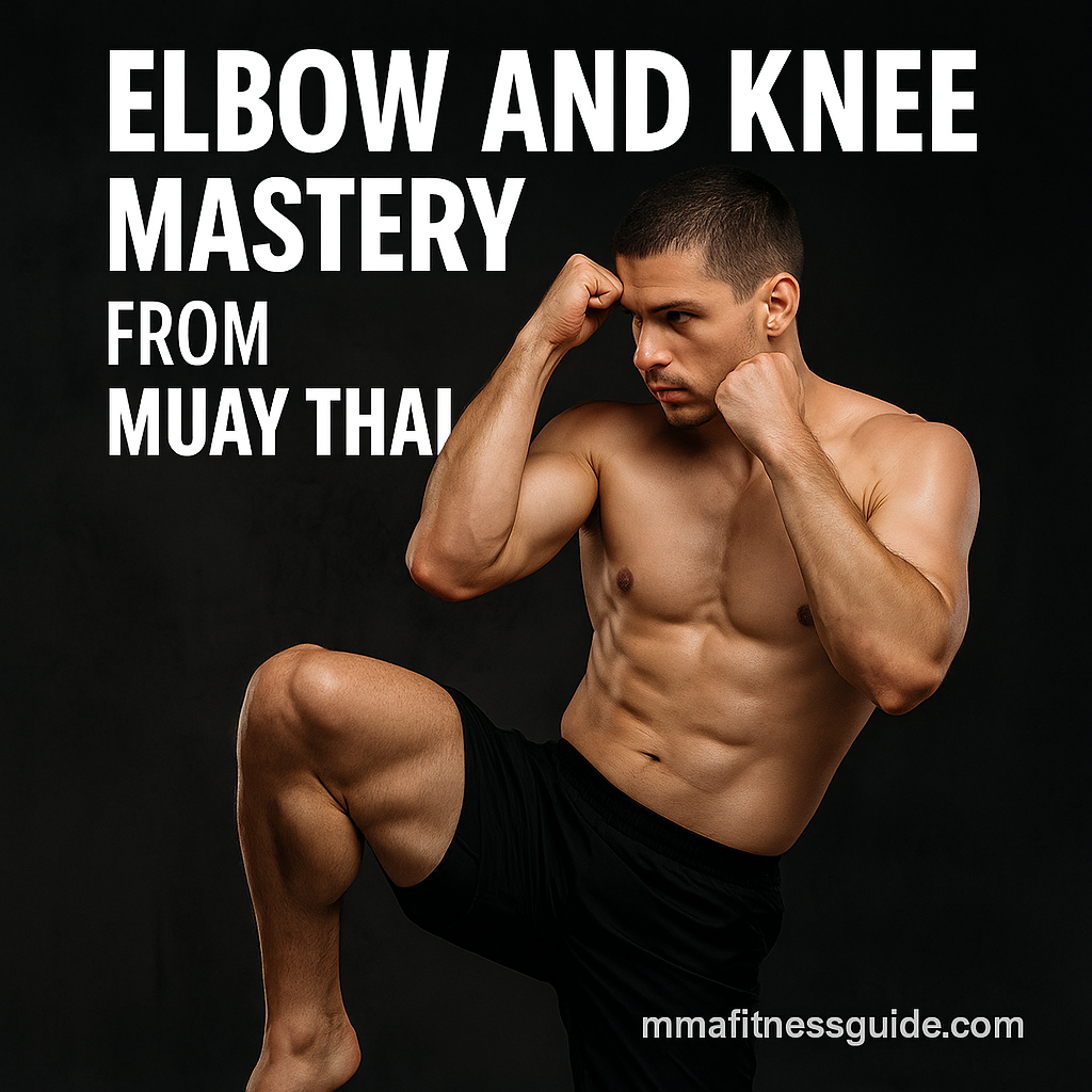 Male Muay Thai fighter performing a powerful elbow and knee striking pose against a dark background with title text reading Elbow and Knee Mastery from Muay Thai.