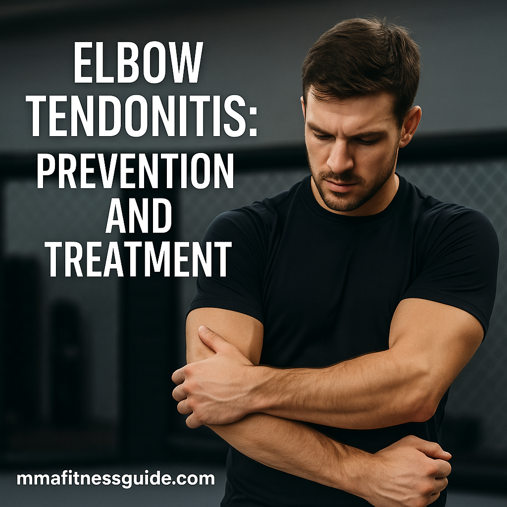 Male MMA athlete stretching his elbow with the title “Elbow Tendonitis: Prevention and Treatment” displayed on the image.