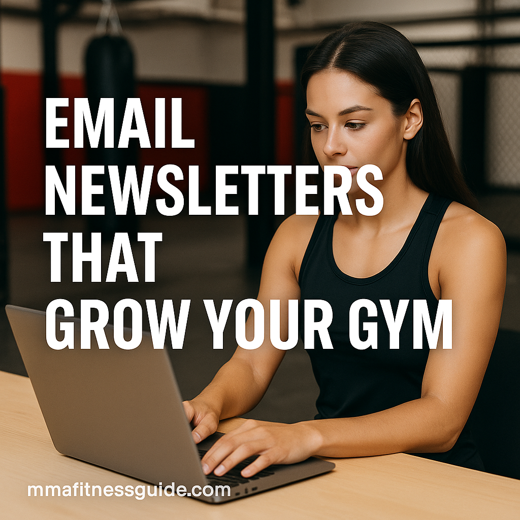 Female MMA coach working on a laptop with the title “Email Newsletters That Grow Your Gym” displayed over the image.