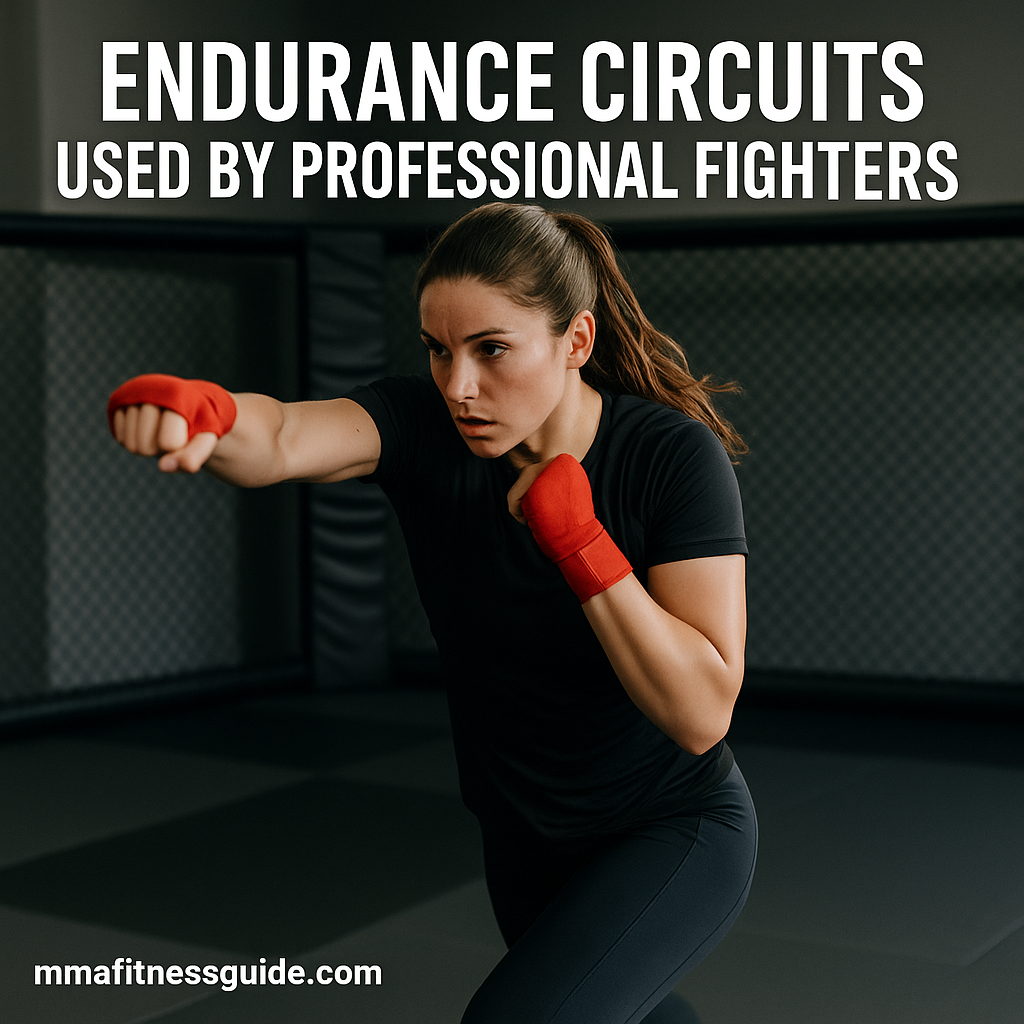 Female MMA athlete throwing a punch during a conditioning session with the title “Endurance Circuits Used by Professional Fighters” displayed on the image.