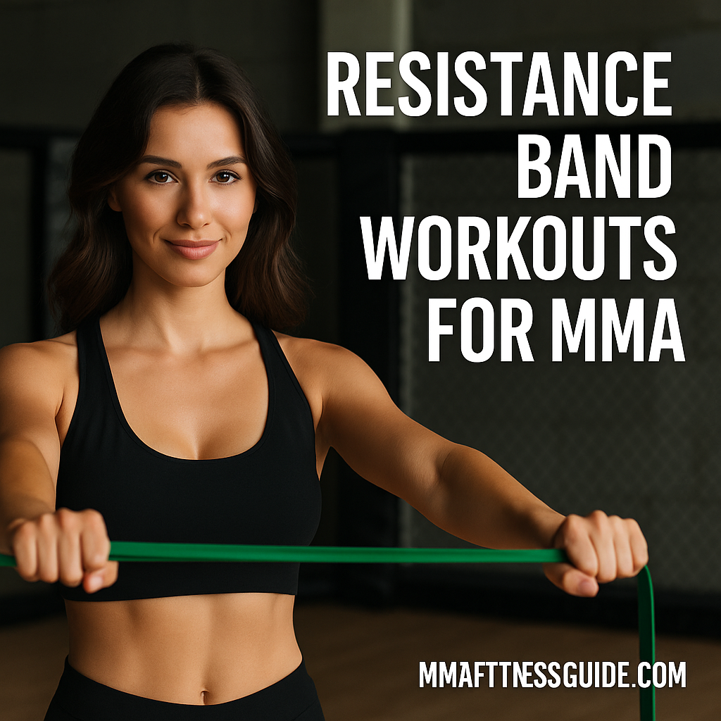 Female MMA athlete performing a resistance band pull-apart exercise in a gym with bold white title text reading Resistance Band Workouts for MMA.