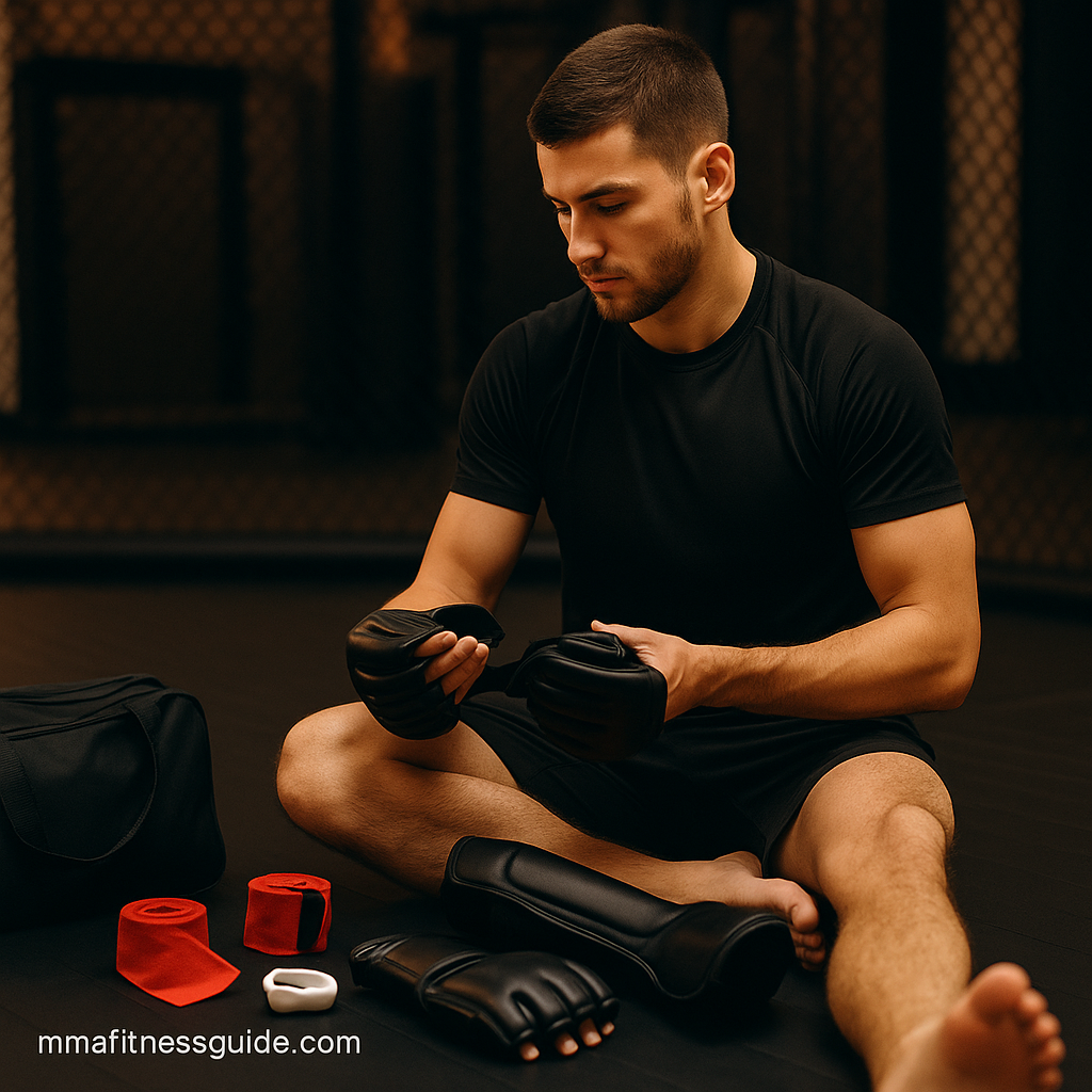 Male beginner MMA fighter organizing gloves, wraps, and shin guards in a gym under warm lighting.